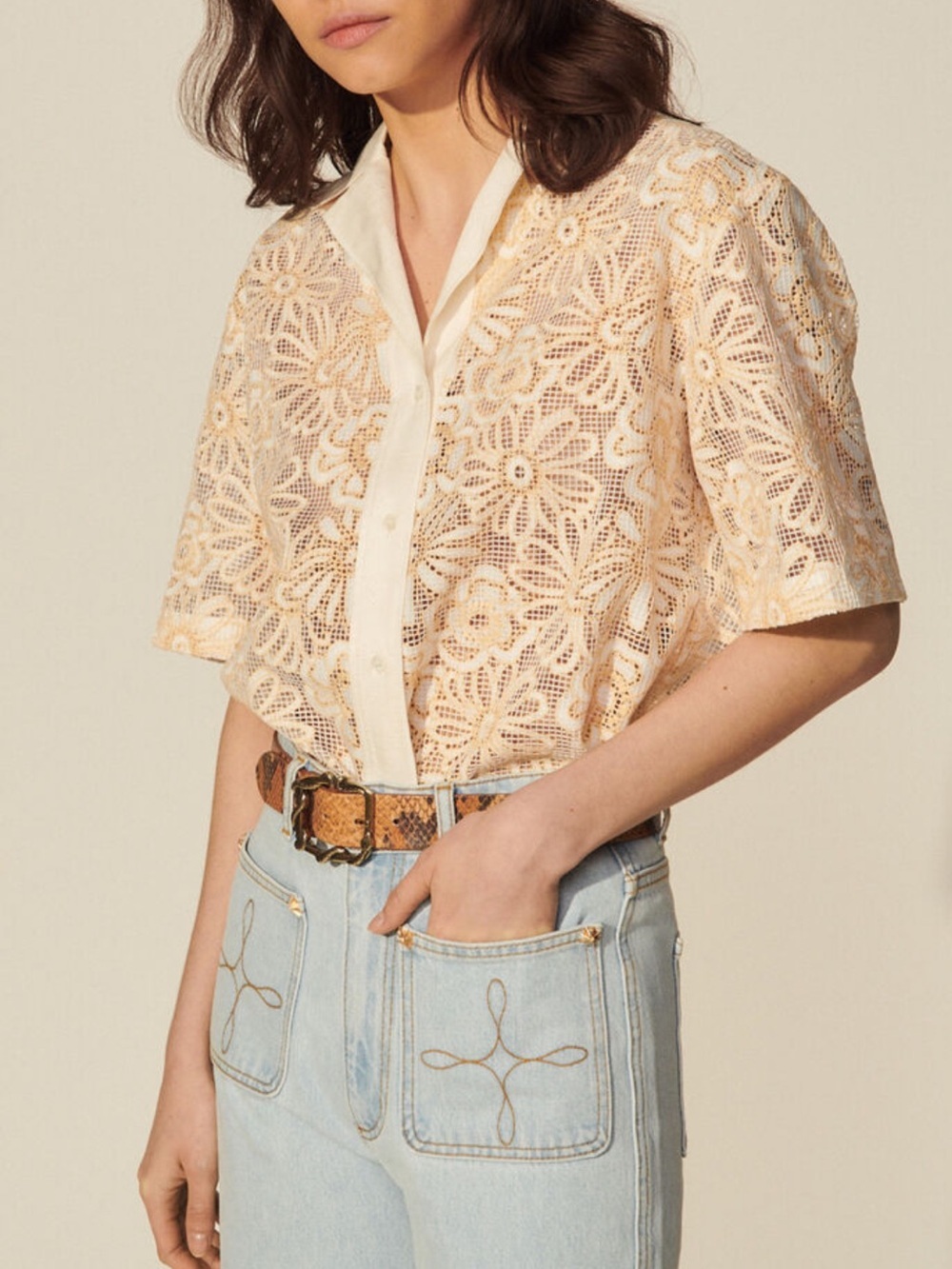 Sandro Floral Crochet Short Sleeves Button Down Top